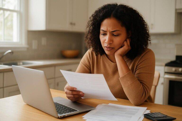 Woman researching whether debt relief programs are legitimate at her kitchen table