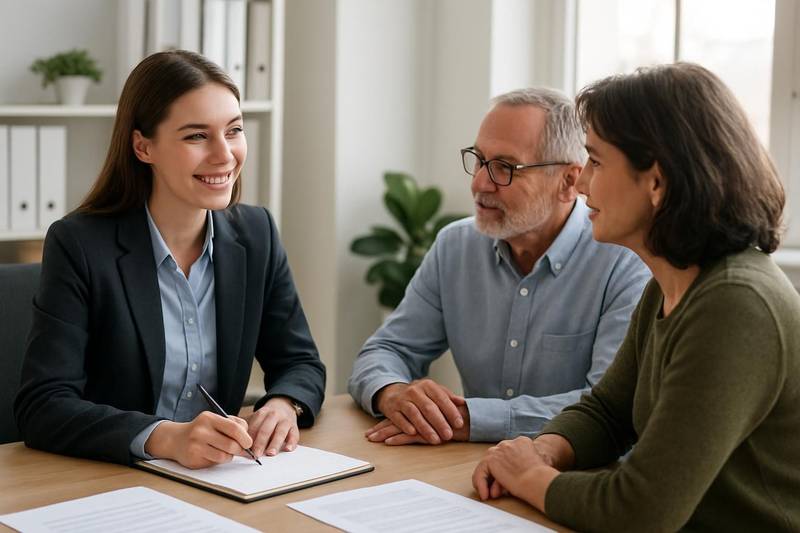 Credit counselor explaining debt relief options to a couple in an office