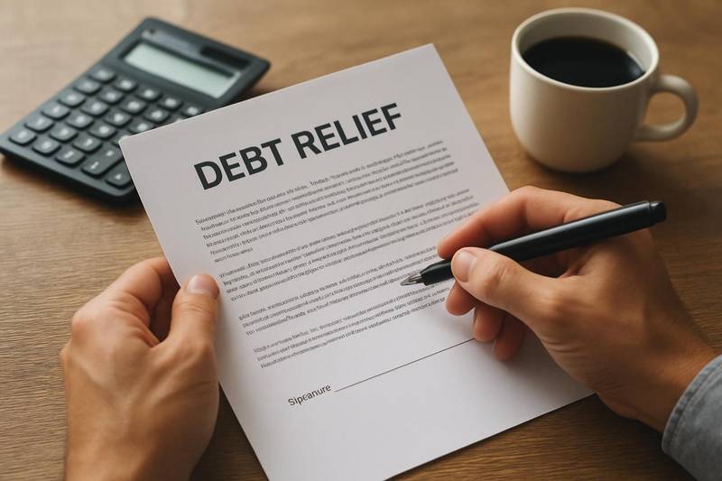 Person reviewing debt relief contract fees before signing