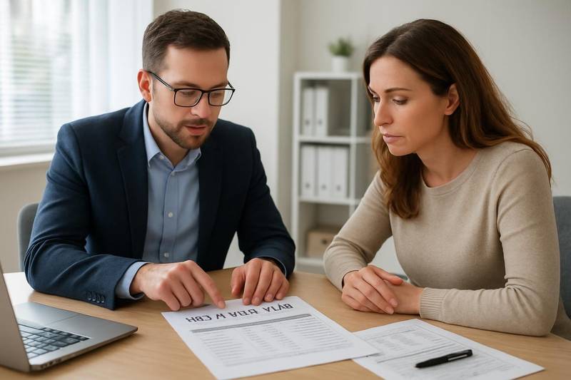 Debt specialist explaining how debt settlement works to a client in an office