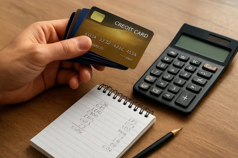Credit cards, calculator and notes used to compare debt settlement fees and costs