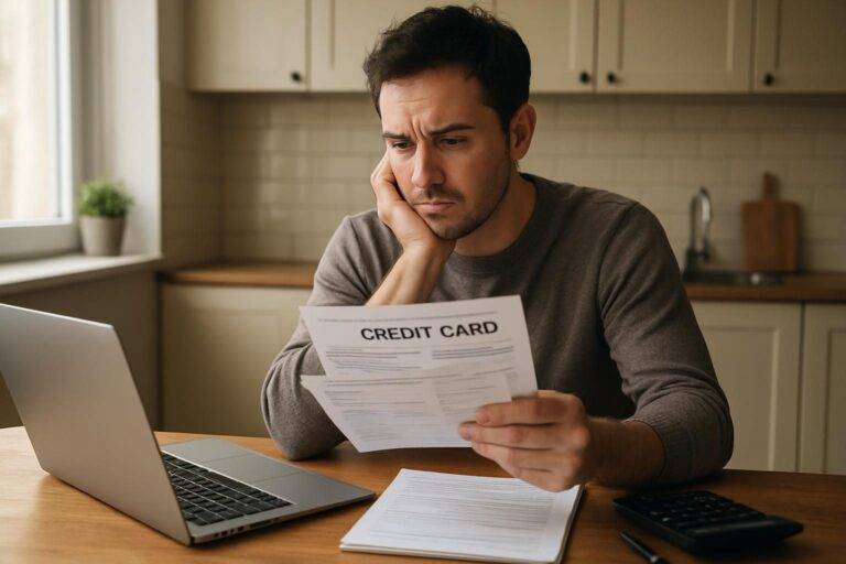 Person reviewing credit card statements to find the best way to consolidate debt
