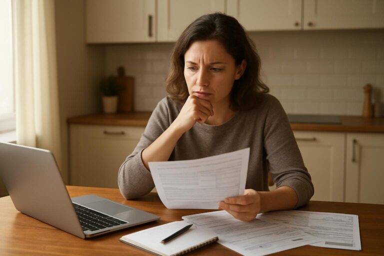 Person comparing debt relief program paperwork at a kitchen table