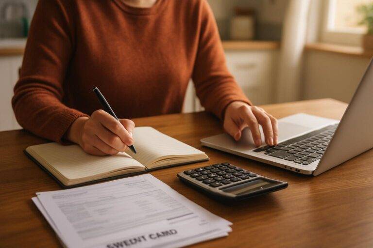 Person using a debt consolidation calculator and statements at a kitchen table