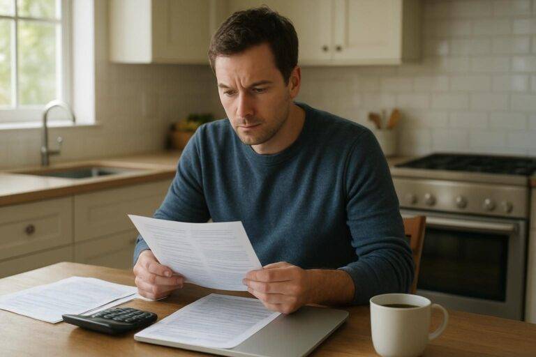 Person reviewing personal loan requirements and paperwork at a kitchen table