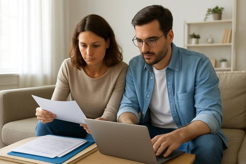 Couple gathering income documents for a debt consolidation loan application