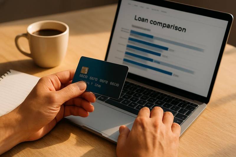 Comparing debt consolidation loan offers on a laptop with a credit card in hand