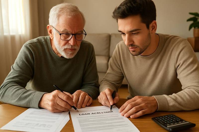 Family members reviewing a loan agreement with a cosigner for debt consolidation