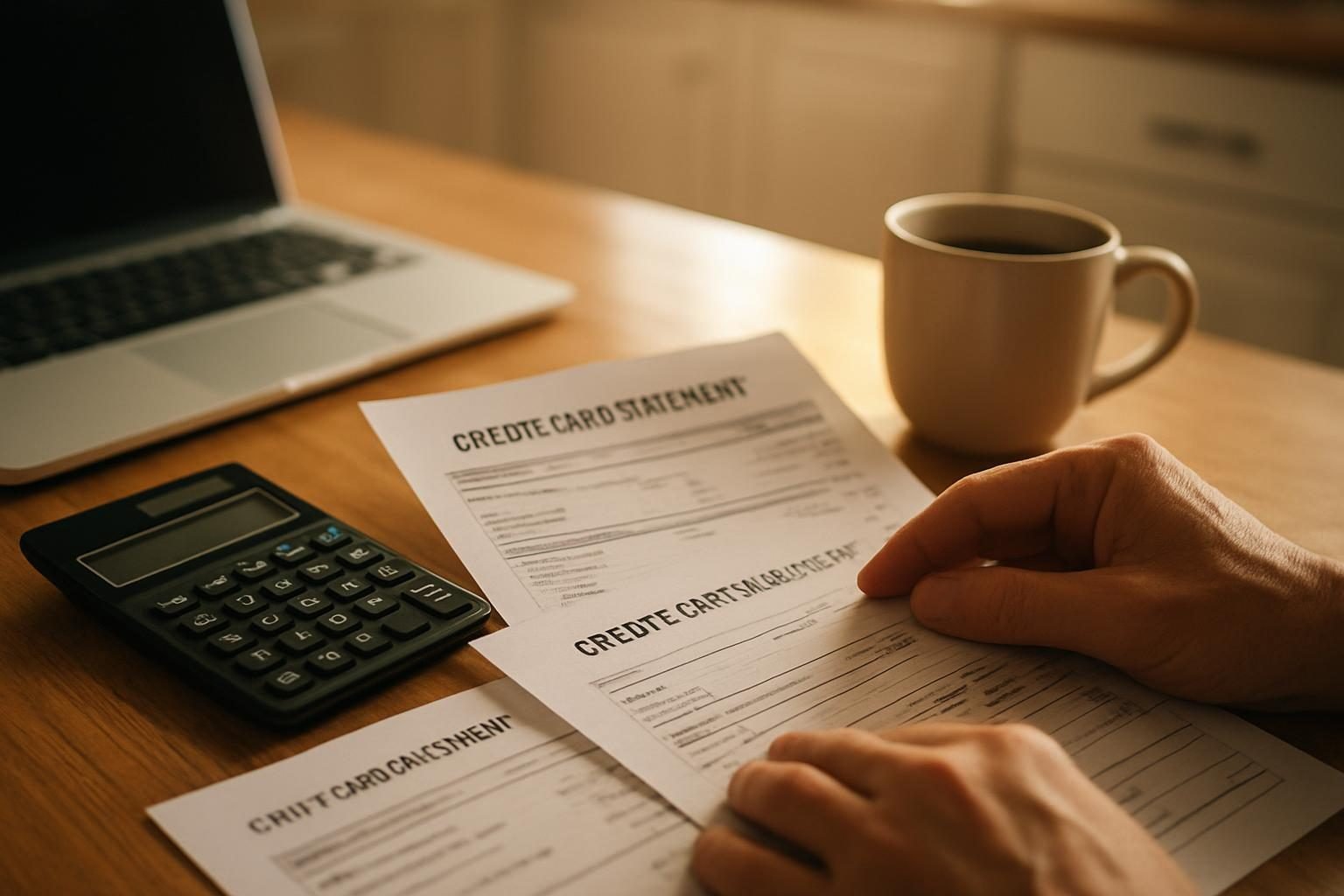 Person organizing credit card statements while comparing debt management plan vs debt settlement