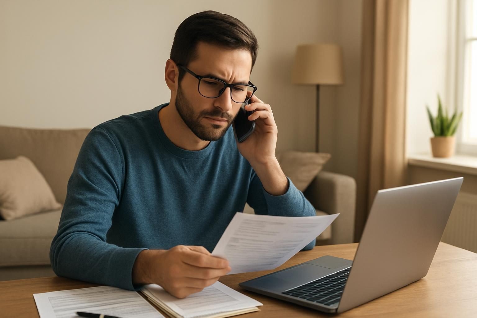 Borrower negotiating and reviewing debt settlement paperwork at home