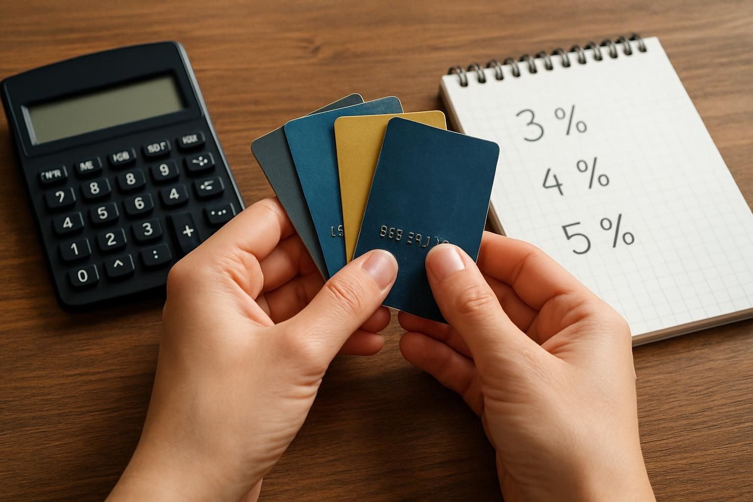 Credit cards and calculator used to estimate debt settlement fee percentages