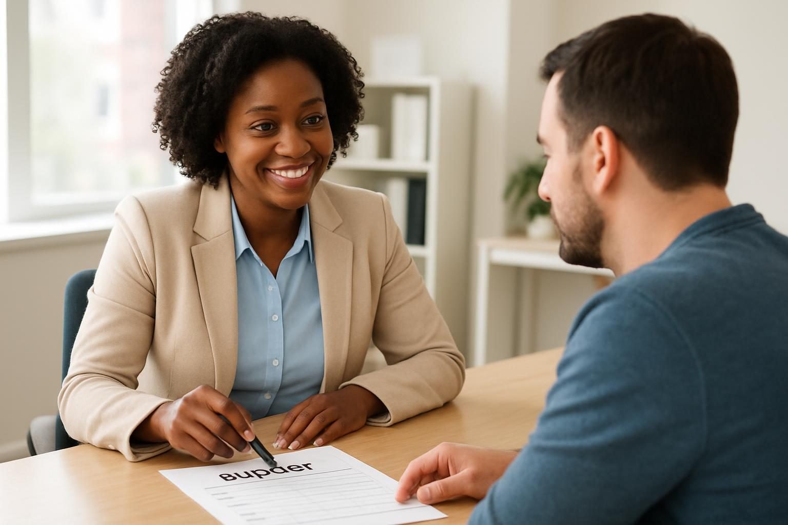 Credit counselor explaining debt management plan monthly fees to a client