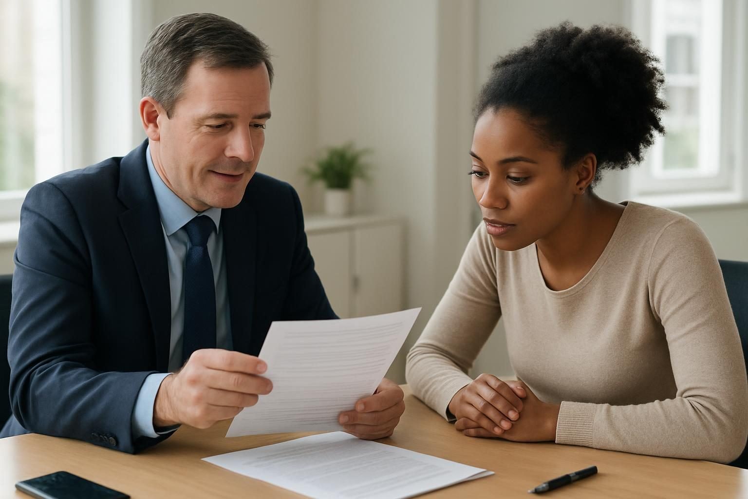 Borrower reviewing a debt consolidation loan agreement with a loan officer