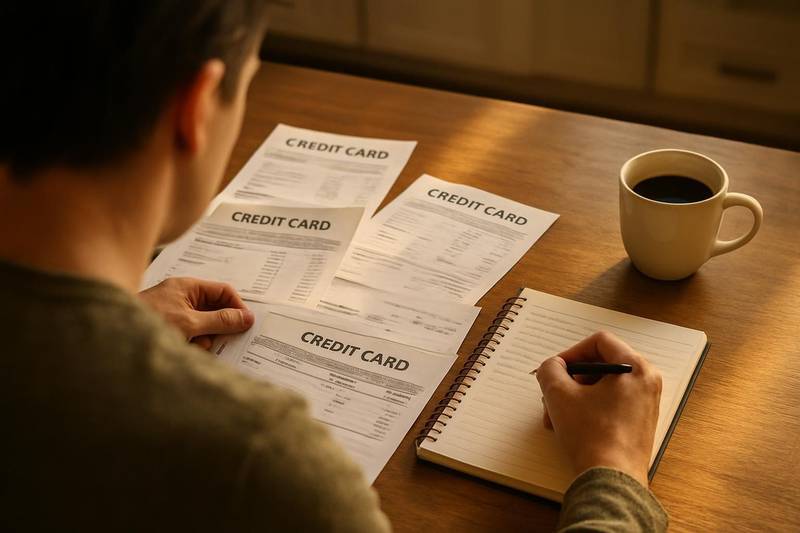 Person organizing credit card statements before starting a debt management plan