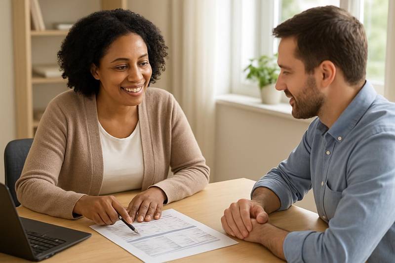 Credit counselor explaining a debt management plan to a client in an office