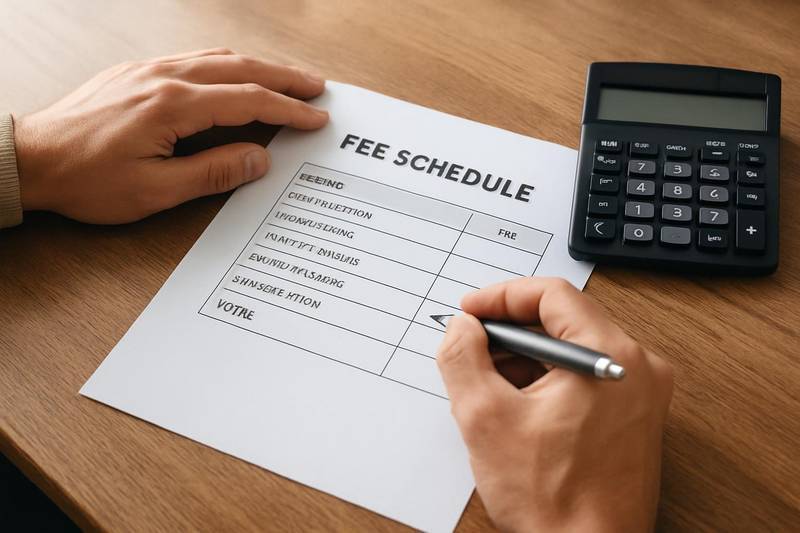 Hands reviewing debt relief program fees on a document with a calculator