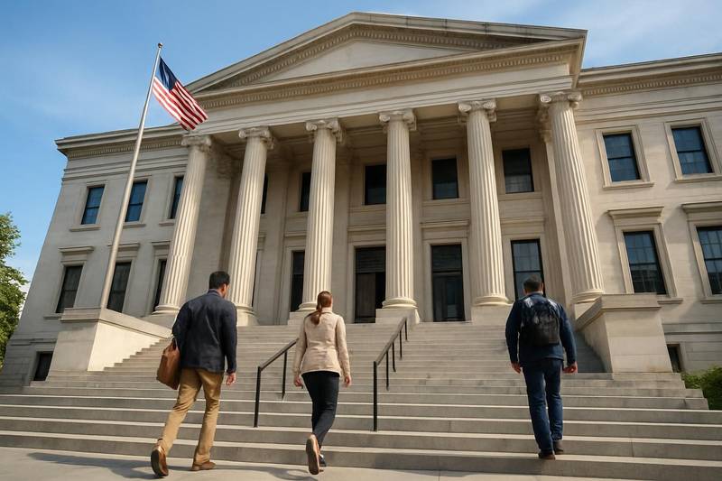 Courthouse entrance where debt collection lawsuits are filed