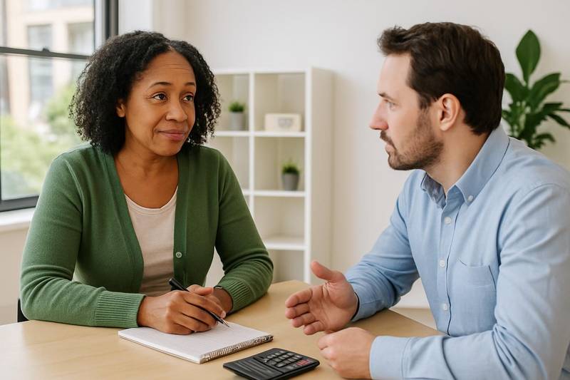 Credit counselor explaining a debt management plan to a client in an office