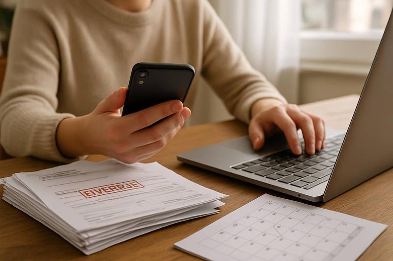 Hands holding phone beside overdue bills while negotiating a debt settlement