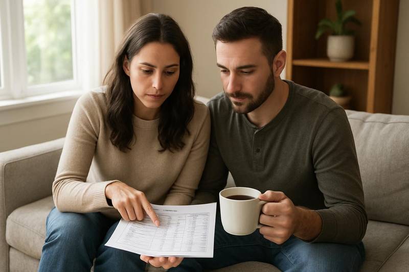 Couple reviewing a monthly budget to choose between credit counseling and debt settlement