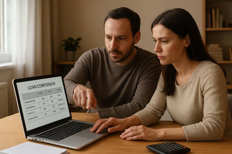 Couple reviewing consolidation loan credit requirements and approval options together