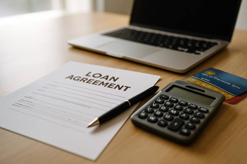 Personal loan paperwork and credit cards on a desk for debt consolidation