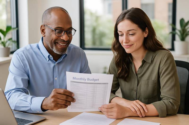 Credit counselor explaining a debt management plan to a client