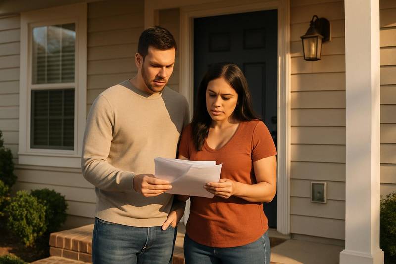 Couple reviewing home equity and debt consolidation paperwork outside their house