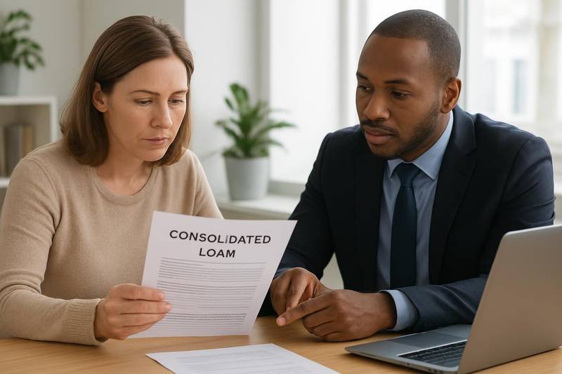 Counselor explaining how debt consolidation combines payments into one