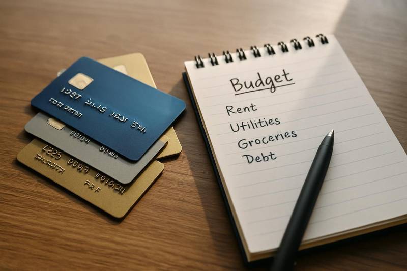 Credit cards and budget notes representing debt relief options for credit card debt