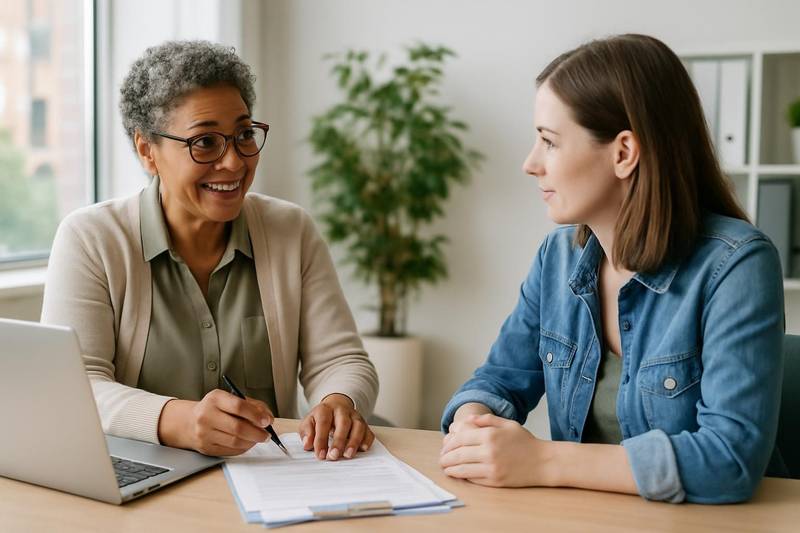 Credit counselor explaining a debt management plan to a client