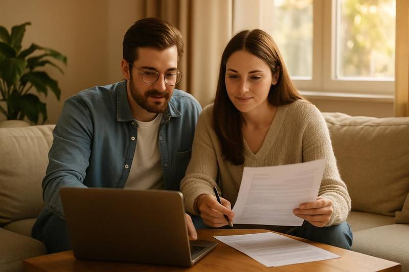 Couple comparing debt consolidation loan and balance transfer options at home