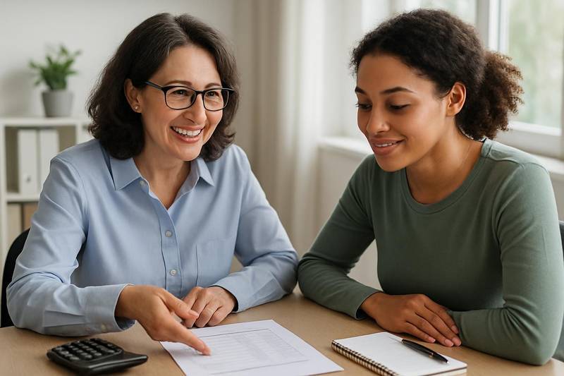 Credit counselor reviewing a budget and debt relief options with a client