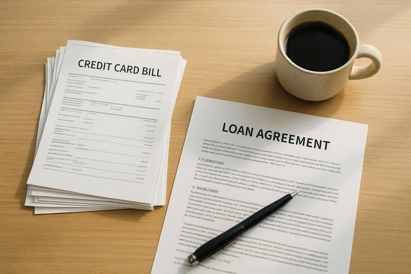 Several credit card bills being combined into one debt consolidation loan agreement
