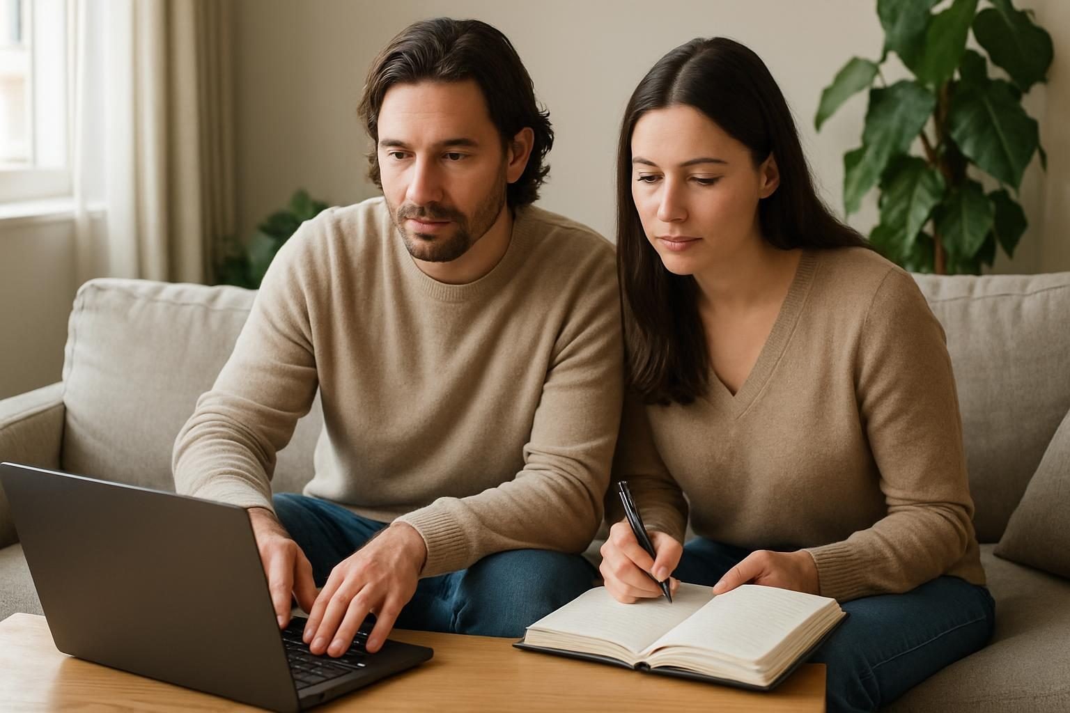 Couple comparing debt settlement alternatives on a laptop