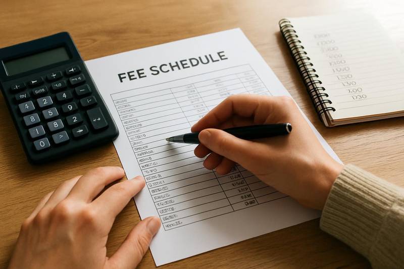 Hands reviewing a debt settlement fee schedule with a calculator on a desk
