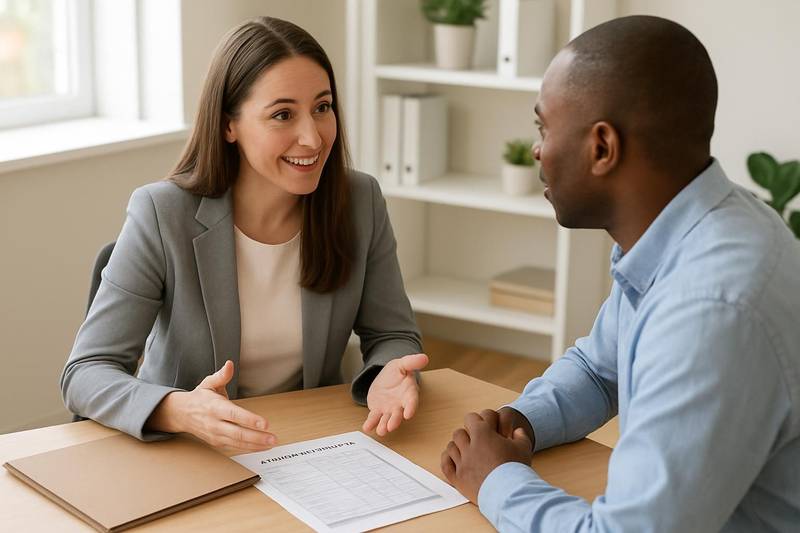 Credit counselor explaining a debt management plan fees to a client in an office
