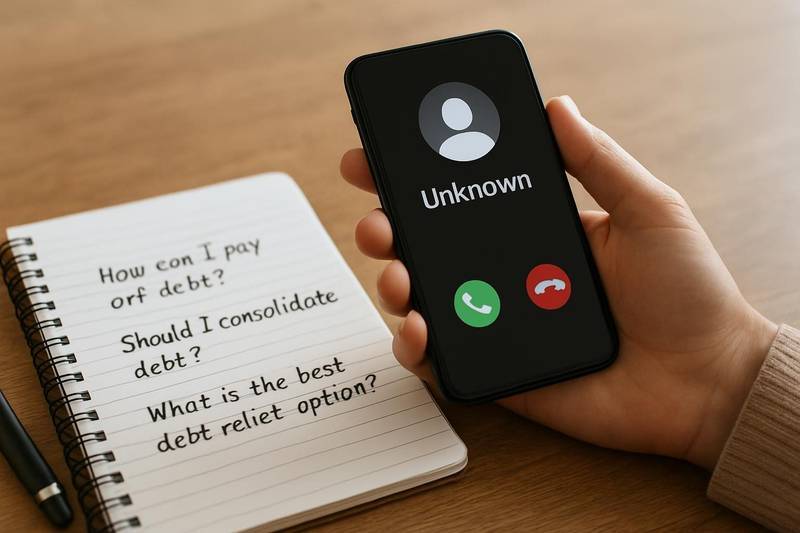 Person receiving an unsolicited debt relief call, a common scam red flag