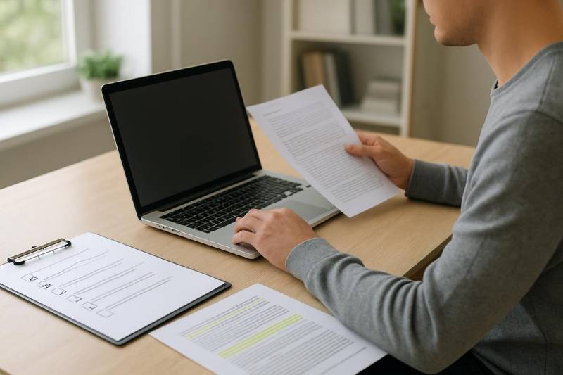 Consumer vetting a debt settlement company online before signing a contract