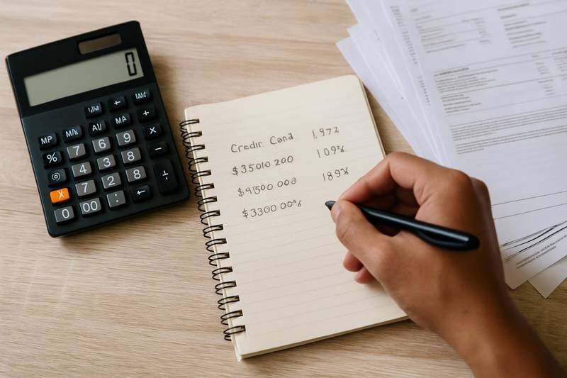 Listing credit card balances and interest rates in a notebook with a calculator