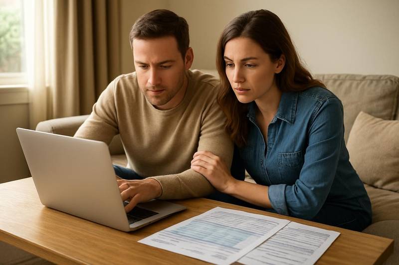 Couple reviewing taxes and fees related to debt settlement