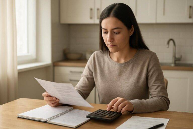 Person reviewing statements to pay off 10000 credit card debt at a kitchen table