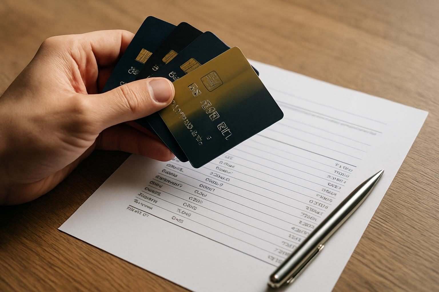 Credit cards and statement showing the balance behind a $10,000 credit card debt