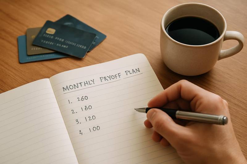 Handwritten avalanche payoff plan beside credit cards on a desk