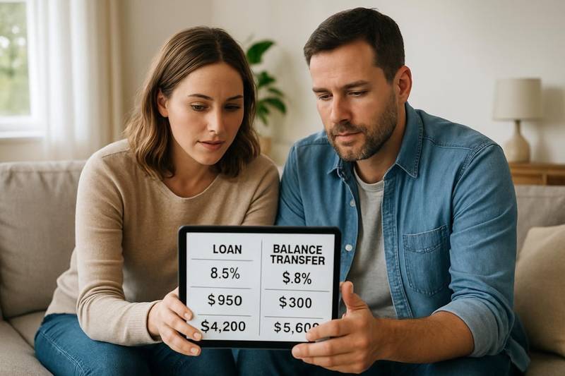 Couple comparing consolidation loan and balance transfer options on a tablet