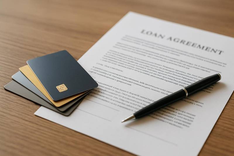 Credit cards beside a consolidation loan agreement illustrating how a personal loan works