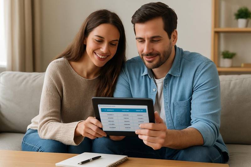 Couple comparing personal loan rates and fees on a tablet at home