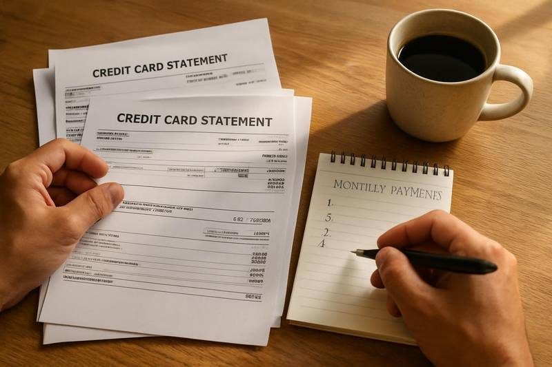 Credit card statements organized for a debt management plan